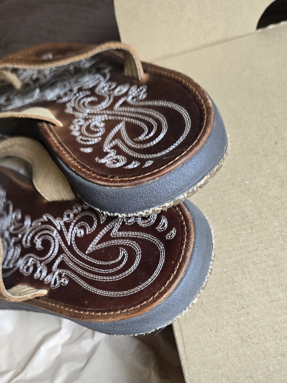 Olukai Paniolo Leather Flip Flops with Embroidered Footbed - Picture 3 of 13
